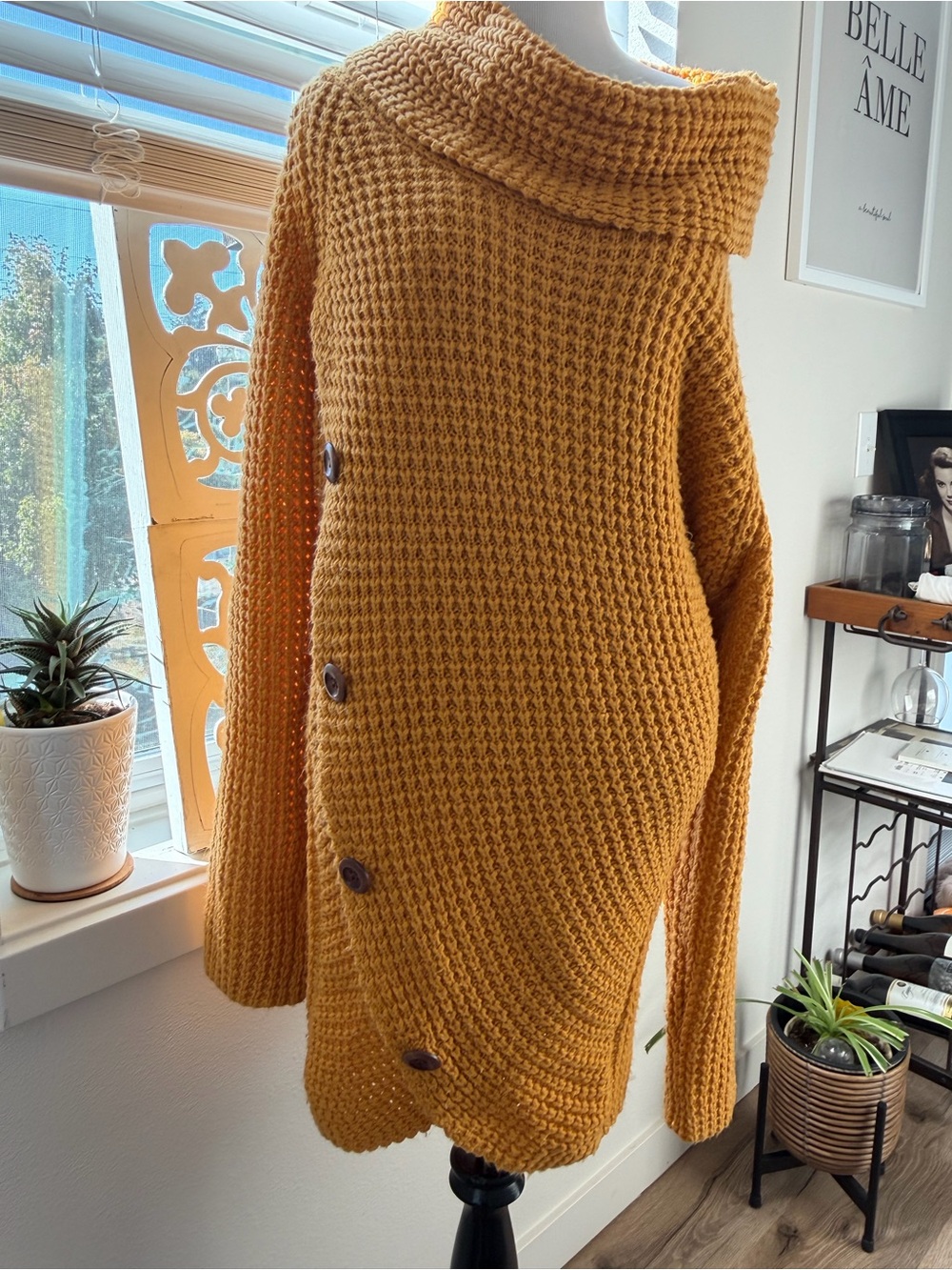 Source Unknown Mustard Off-Shoulder Button Knit Sweater